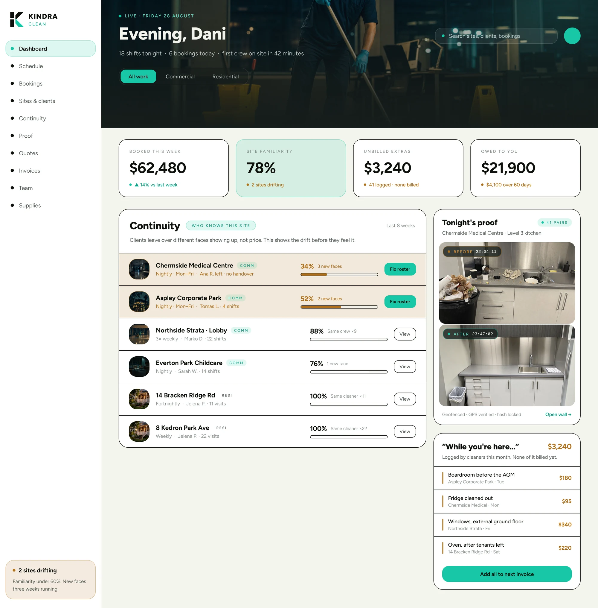 Owner dashboard — booked this week, site familiarity, unbilled extras, owed to you
